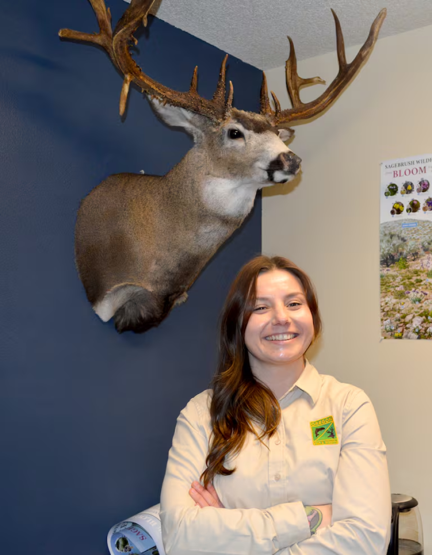 Oregon Department of Fish and Wildlife biologist Kristin Fratella stands below a mounted buck head.