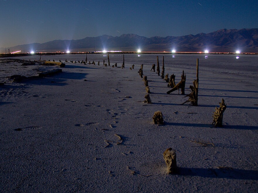 Lights along a road west of the Great Salt Lake.