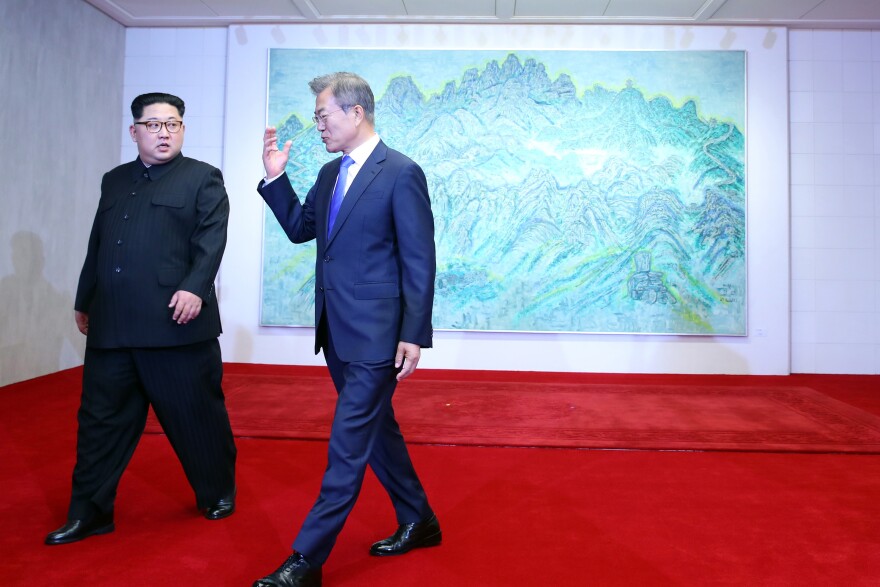 Kim and Moon continue their visit after posing for photos in front of a picture of North Korea's Mount Geumgangsan, which has special significance for all Koreans.