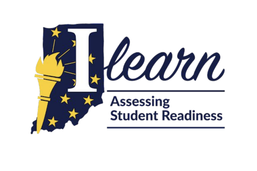  A golden torch and golden stars are positioned over a  dark blue outline of the state of Indiana beside the words "ILEARN assessing student readiness."