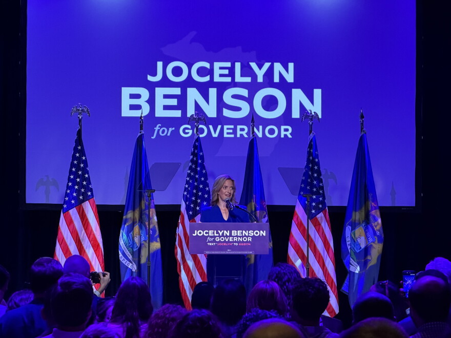 Michigan Secretary of State Jocelyn Benson celebrates her victory in the Democratic gubernatorial primary on August 4, 2026.