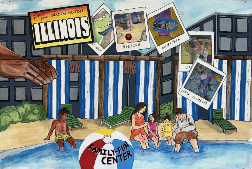 a hand-drawn picture of a family having fun poolside, with pictures of bowling, rock climbing and a water park
