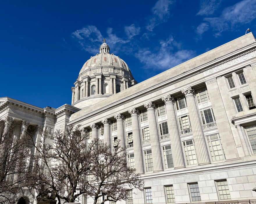 A worm's eye view of the exterior of the dome of the Missouri state capitol building. 