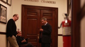 ONE TIME USE ONLY -- CHECK WITH ADN FOR PERMISSION TO USE AGAIN. Lobbyists Ted Popely, Frank Bickford and Ray Matiashowski (l-r) keep tabs on the Alaska Legislature on May 17, 2017 -- the 121st day of the legislative session. It was the last day before a constitutional deadline for adjournment unless two-thirds of the House and Senate vote for an extension. (Nathaniel Herz / ADN)