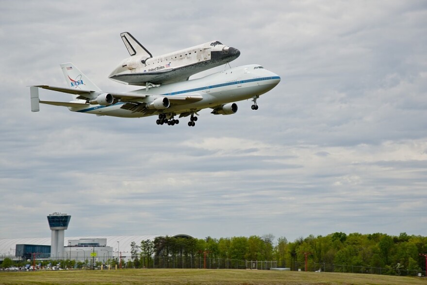 Space Shuttle Discovery on a Boeing 747 at Edwards Air Force Base, on Apr. 17, 2012.