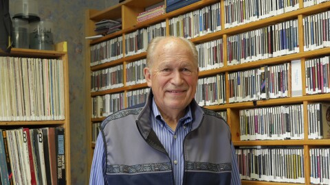 Bill Walker in KMXT's production room during his visit to Kodiak Aug. 11.