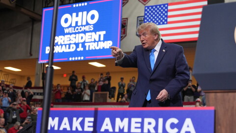 President Donald Trump departs after speaking during an event at Butler High School in Vandalia, Ohio, Saturday, Oct. 3, 2026.