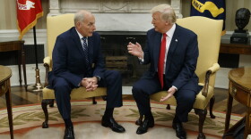 President Trump talks with new White House Chief of Staff John Kelly after he was privately sworn in during a ceremony in the Oval Office, July 31, 2017, in Washington. (Evan Vucci/AP)