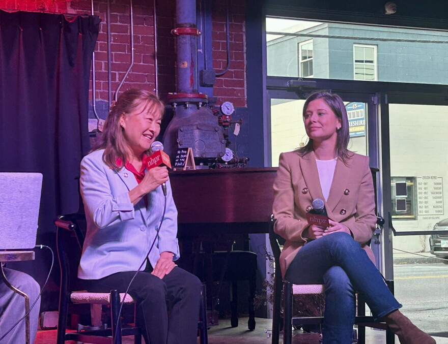 Republican Lily Tang Williams (left) and Democratic Congresswoman Maggie Goodlander speak at a forum hosted by NHPR and the Granite State News Collaborative in Keene, Oct. 15, 2026.
