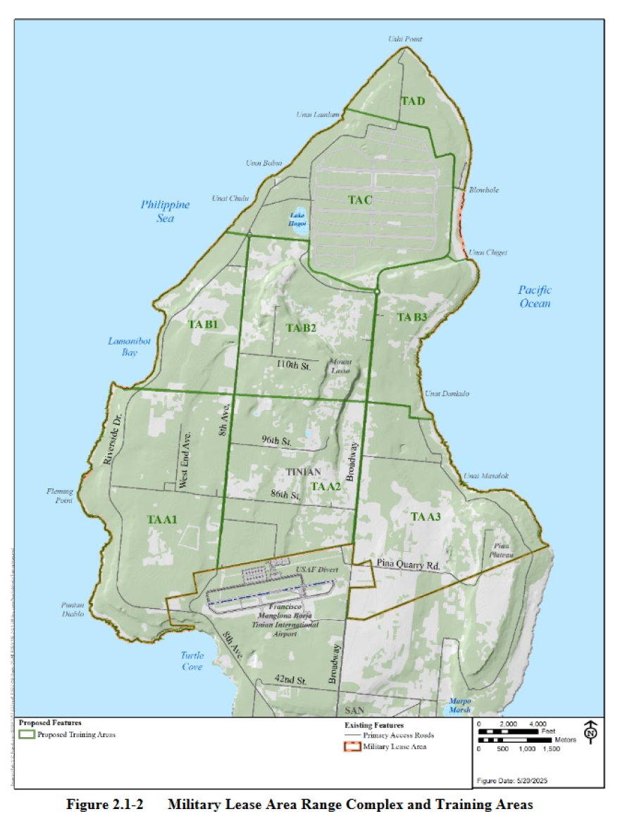 A map of Tinian showing the Military Lease Area Range Complex and Proposed Training Areas, including designated zones. The map outlines existing access roads, the USAF divert airfield, and the Francisco Manglona Benavente Tinian International Airport, illustrating how military training areas are distributed across the island.