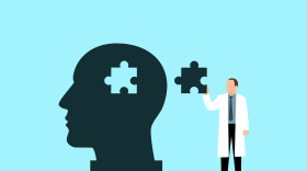 A digital illustration of a doctor putting a puzzle piece into a giant head. 