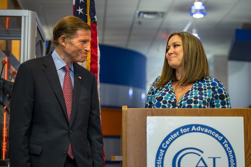 U.S. Senator Richard Blumenthal and Dr. Jacquelynn Garofano, CTO of the Connecticut Center for Advanced Technology, applaud the final passage of the Creating Helpful Incentives to Produce Semiconductors for America (CHIPS) and Science Act, which provides $52 billion in grants for semiconductor manufacturing and research, and will create well-paying manufacturing and technology jobs in Connecticut.