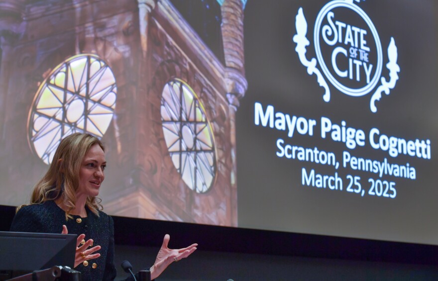 Scranton Mayor Paige Cognetti gives the annual State of the City address on Tuesday, March 25, at the Geisinger Commonwealth School of Medicine.