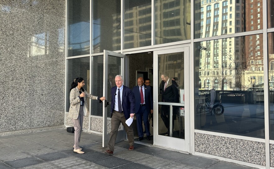 Maryland Sen. Chris Van Hollen leaves an ICE detention facility in Baltimore on Monday, March 9, 2026.