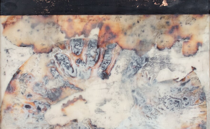 A Tenuous Space #1: encaustic, paper, oil, and copper on panel (2019)