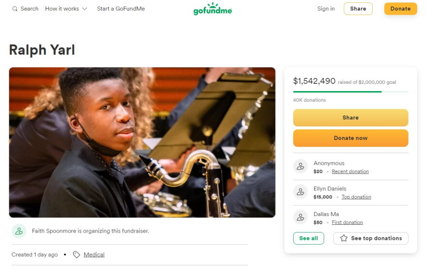 A screenshot of the GoFundMe for Ralph Yarl features a photo of him looking at the camera while onstage holding a saxophone. It says Faith Spoonmore is organizing the fundraiser, and that it has raised $1,542,490 of a $2,000,000 goal with 40,000 donations. It's marked as a medical fundraiser