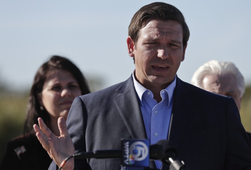 Gov. Ron DeSantis speaks about his environmental budget at the Everglades Holiday Park during a new conference on Tuesday, Jan. 29, 2019, in Fort Lauderdale, Fla. DeSantis's environmental budget recommends more than $625 million for Everglades restoration and protection.