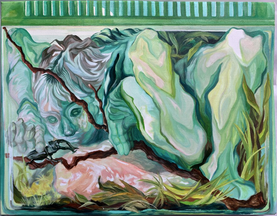 A surreal painting of a kid inside a bug cage peering down at a stag beetle.