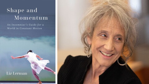 Liz Lerman headshot, wearing a black shirt, with a book cover to the left with a picture of a dancer wearing a white dress