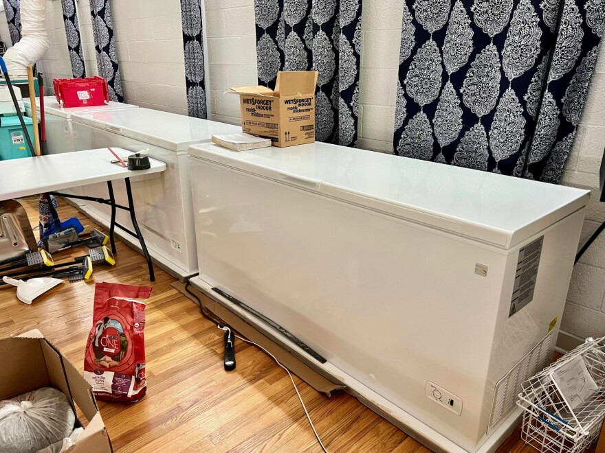 Freezers packed with items from Hindman Settlement School's archives to try to slow deterioration after flooding drenched the collection. 