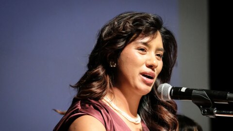 Then-Salt Lake City Councilor Eva Lopez Chavez speaks at the Utah Democratic Convention at Jordan High School in Sandy, April 25, 2026.