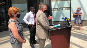 Albany Mayor Kathy Sheehan, Councilor Owusu Anane and County Executive Dan McCoy outside OTDA headquarters on North Pearl Street.