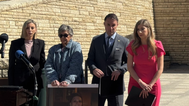 Cheryl Minter, the mother of slain Fairfax woman Stephanie Minter, appears at the capital flanked by immigration enforcement advocates and former Attorney General Jason Miyares. 