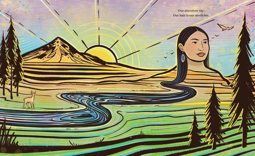 An illustration shows a Native American woman's head over the horizon line with long black hair flowing onto the earth and turning into a river as the sun peaks out from behind a nearby mountain