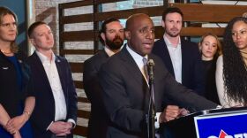 Kansas City Mayor Quinton Lucas addresses the crowd at an earnings tax election night watch party. He campaigned in favor of the tax, along with most of the City Council and Jackson County Prosecutor Melesa Johnson.