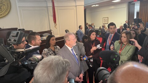 Sen. Phil Berger answers questions from reporters on April 21, 2026. Berger said it may be worth revisiting the state's data center tax exemptions that allow the facilities to avoid paying sales and use tax on their electricity and equipment.