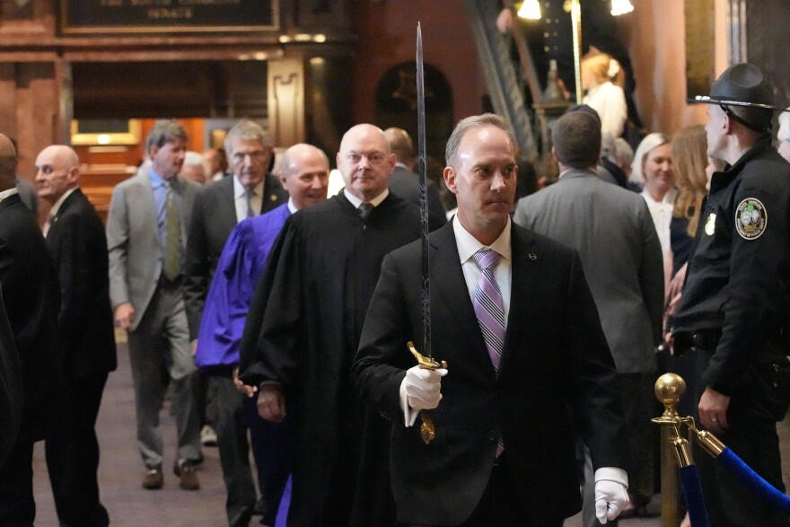 Chuck Williams, Sergeant at Arms for the South Carolina Senate, escorts senators to the House chamber for judicial elections at the Statehouse on March 4, 2026.