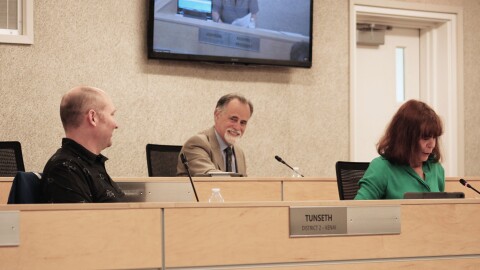 Assembly member Ryan Tunseth, Borough Mayor Peter Micciche and assembly member Kelly Cooper participate in an assembly meeting on Tuesday, June 4, 2024 in Soldotna, Alaska.