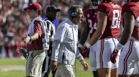 Alabama head coach Nick Saban works a timeout during the first half of an NCAA college football game against Tennessee, Saturday, Oct. 21, 2023, in Tuscaloosa, Ala. (AP Photo/Vasha Hunt)