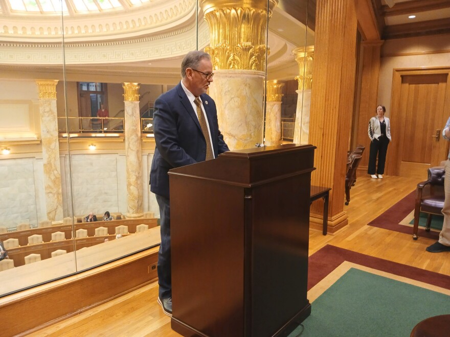 Republican House Speaker Brian Evans addresses media in a press gaggle, Thursday.