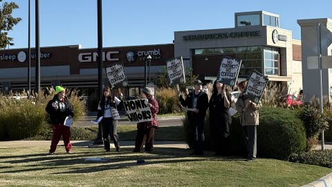 Starbucks workers and union organizers rally outside the store on Mount Williams Drive and 24th Avenue Northwest in Norman.