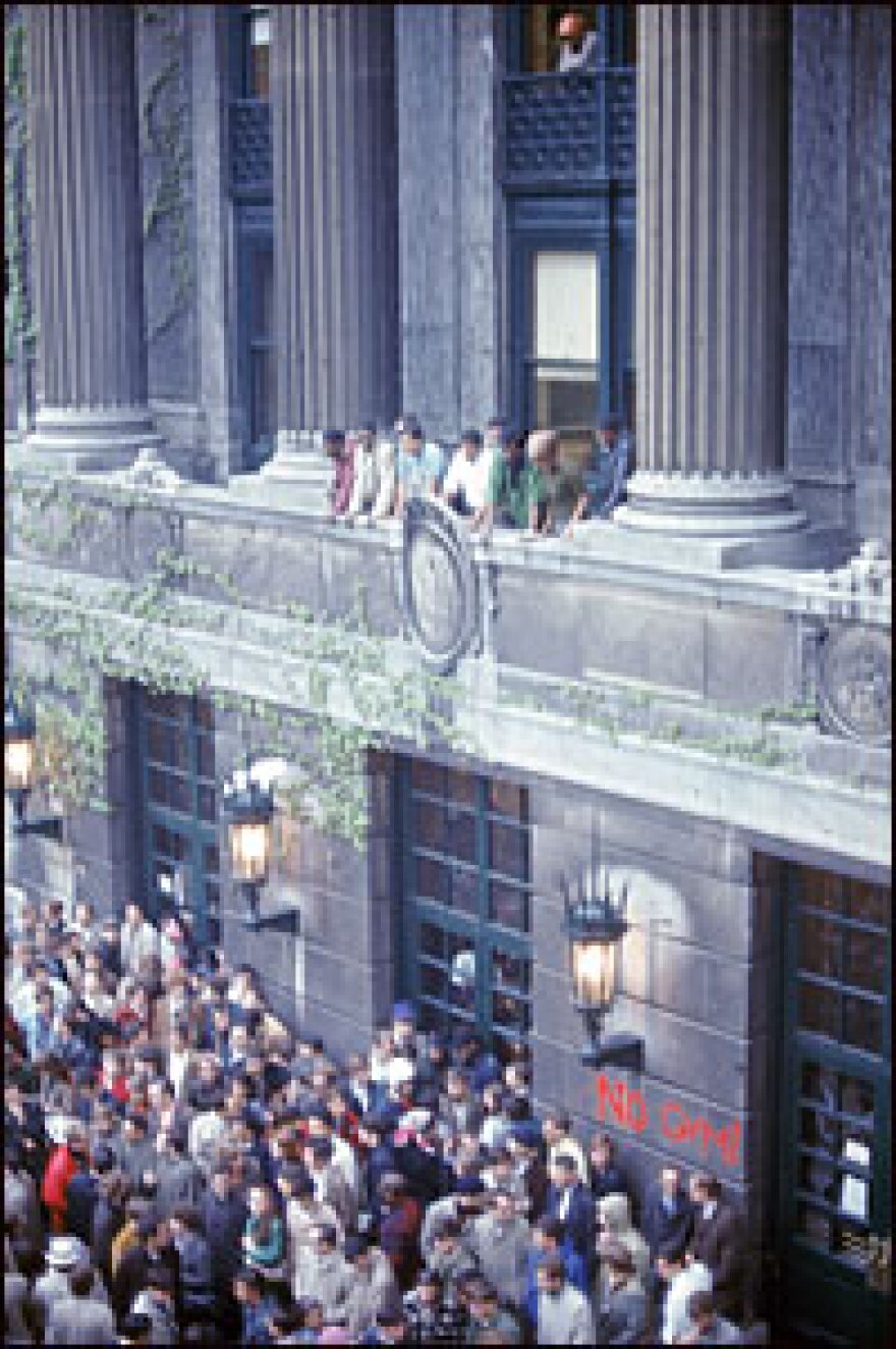 Students spill out of a building at Columbia University, where civil rights and Vietnam war protests led to arrests in April 1968.