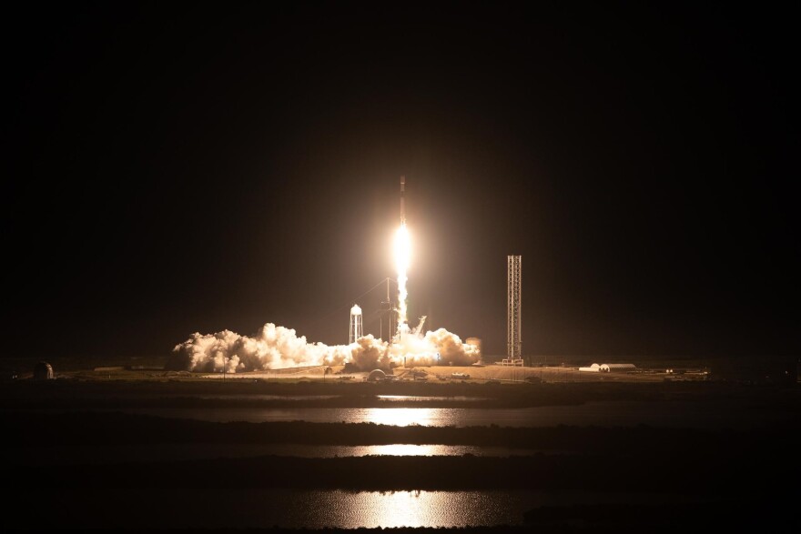 A SpaceX Falcon 9 rocket carrying Intuitive Machines’ Nova-C lunar lander lifts off from NASA’s Kennedy Space Center at 1:05 a.m. this morning, Feb. 15