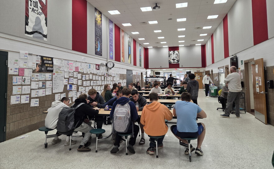 The Nevis Public School cafeteria is a busy place during the staggered lunch times between 11 a.m. and 1 p.m. school days. When not in use, a section of the cafeteria is used as a makeshift classroom.