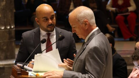 Sen. Royce Duplessis, D-New Orleans, questions Sen. Jay Morris, R-West Monroe, in the Louisiana Senate chamber on the congressional redistricting map Morris sponsored to eliminate one of Louisiana’s two majority-minority districts in the U.S. House.