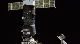 The Russian Progress MS-21 cargo craft is pictured on Oct. 28, 2022, shortly after docking at the International Space Station. On Saturday, the Russian space corporation said the spacecraft lost cabin pressure.