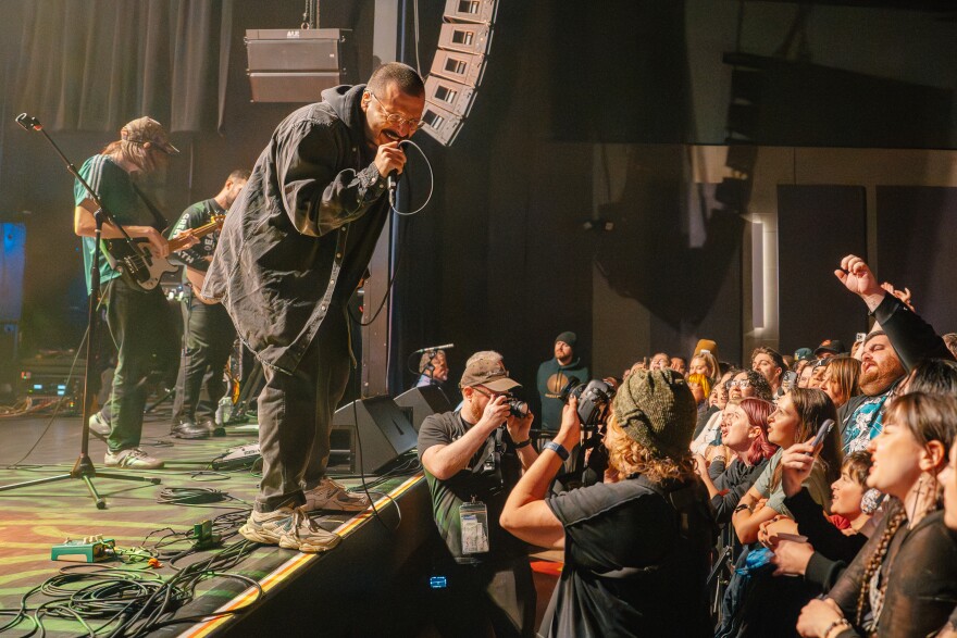 Foxing performs during one of their last shows as a band at Delmar Hall on Friday, Dec. 5, 2025, in St. Louis’ West End neighborhood.