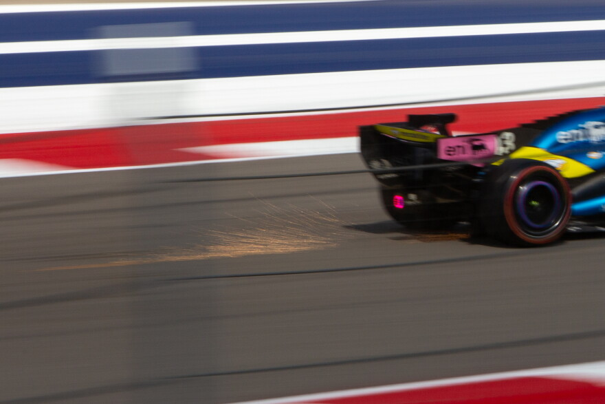 A trail of sparks fly from Franco Colapinto's car during the third practice session on Saturday.