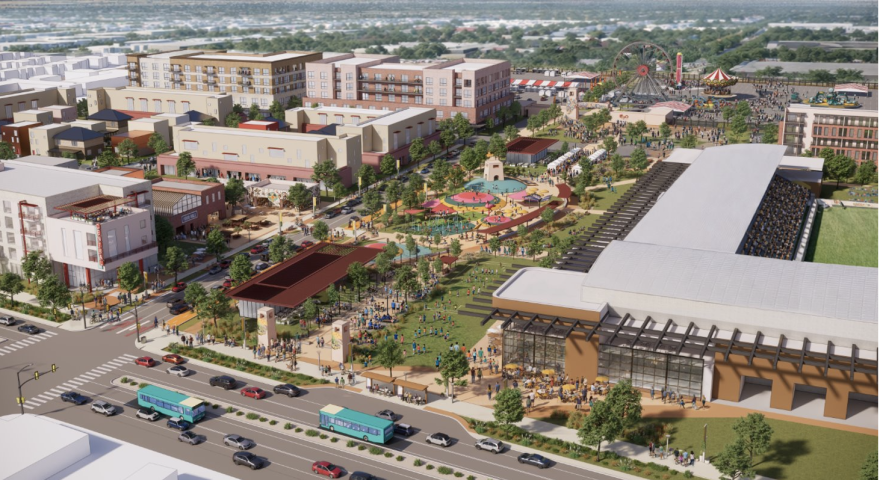The New Mexico State Fair District Board on March 23, 2026, approved a master plan for the first phase of a state-funded fairgrounds redevelopment, featuring new housing, green space and a stadium, rendered above by design firm Stantec. (Courtesy Stantec)