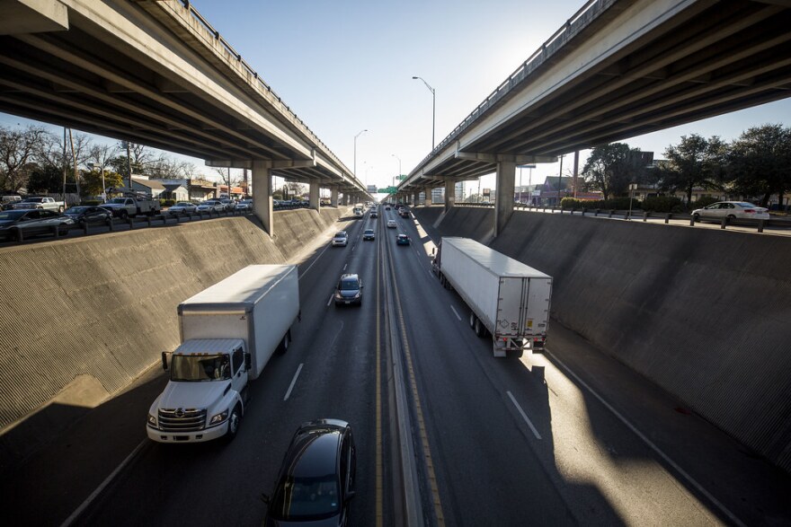 Traffic on the double-decker portion of I-35 through downtown Austin.