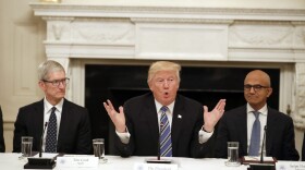 President Donald Trump, center, speaks as he is seated between Tim Cook, Chief Executive Officer of Apple, left, and Satya Nadella, Chief Executive Officer of Microsoft, right, during an American Technology Council roundtable in the State Dinning Room of the White House, Monday, June 19, 2017, in Washington. (Alex Brandon/AP)