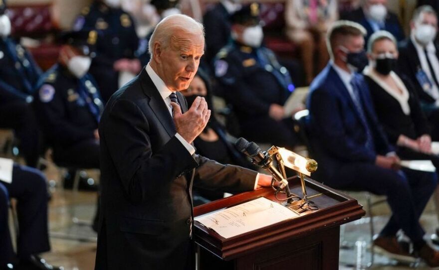 President Biden reflects on his own experience with loss as he addresses Evans' family during Tuesday's ceremony.