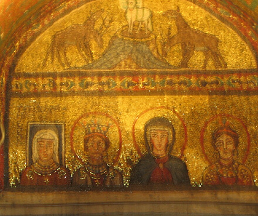 A mosaic in St. Praxedes church, Rome. Theodora is on the left with a square halo, indicating she was alive when the mosaic was made.