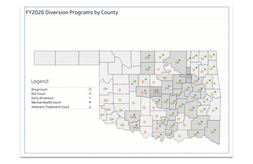 The map shows the distribution of treatment courts and diversion programs across Oklahoma.