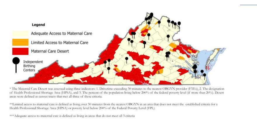 A map showing access to OBGYN providers across Virginia, using data from 2025.