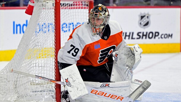 FILE - Philadelphia Flyers' goaltender Carter Hart guards the net during an NHL hockey game against the Colorado Avalanche, Jan. 20, 2024, in Philadelphia. (AP Photo/Derik Hamilton, File)